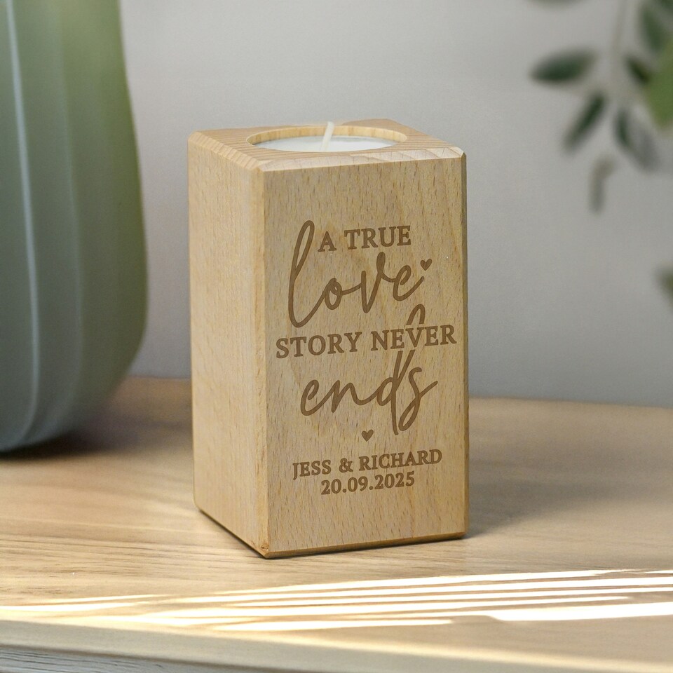 image 1 of Personalised Love Story Wooden Tealight Holder | Brown