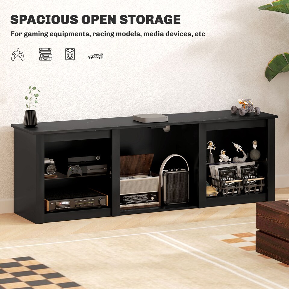 image 1 of HOMCOM TV Unit with LED Lights for TV up to 65 Inch, 160cm TV Stand Cabinet with Adjustable Glass Shelves, Open Compartments for Gaming Consoles, TV Cabinet for Living Room, Bedroom, Black