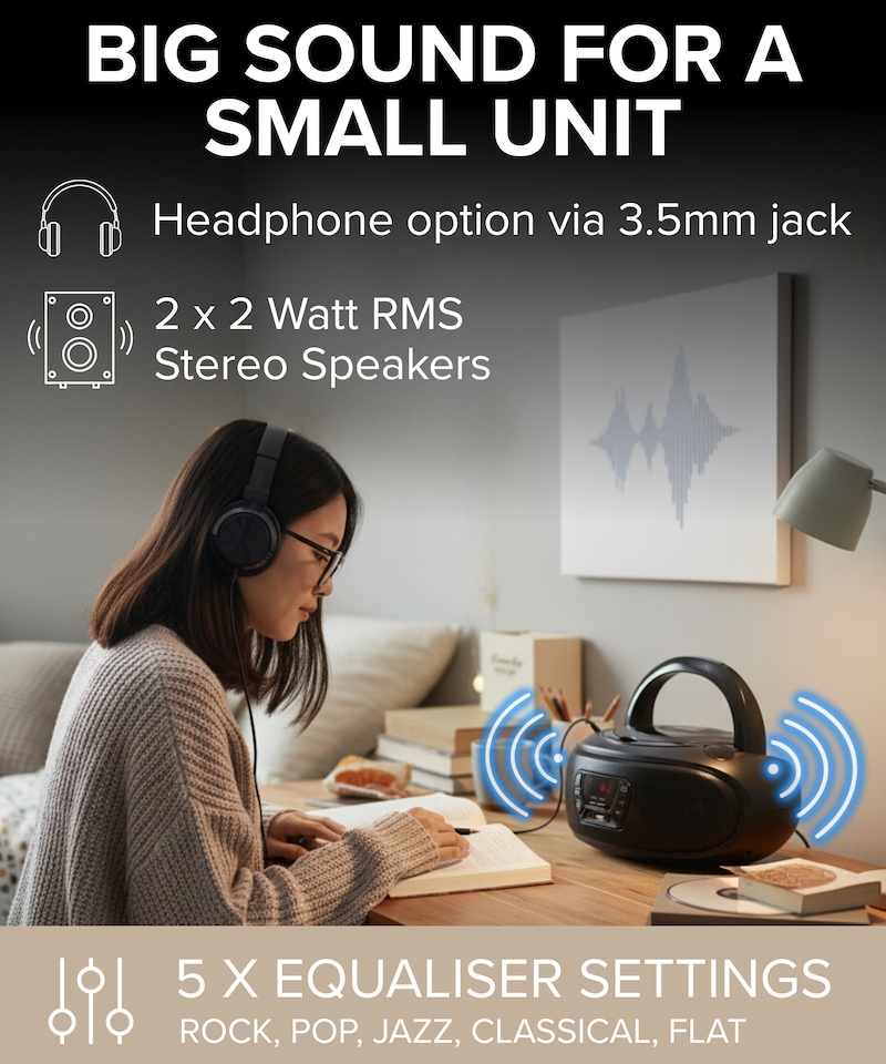image 1 of Grouptronics Small Portable CD Player For Home With Speakers – Boombox Mains Or Battery Powered, FM Radio, Supports MP3 Audio Books - GTCDR-501
