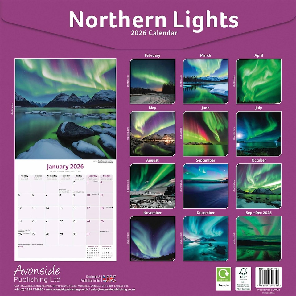 image 1 of Northern Lights 2026 Calendar | Square Wall Calendar | Travel Gift | Plastic Free Packaging | by Avonside Publishing