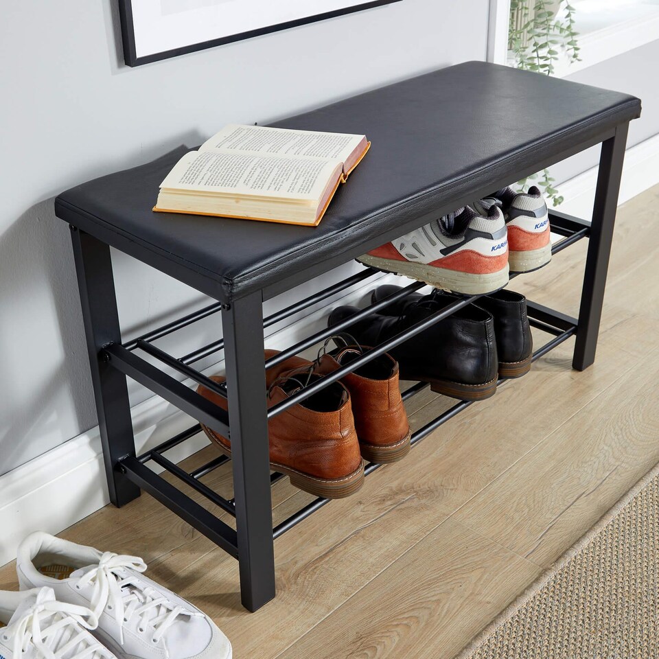 image 1 of Metal Shoe Bench with Storage Shelfs For Entryway Hallway Seating | Black