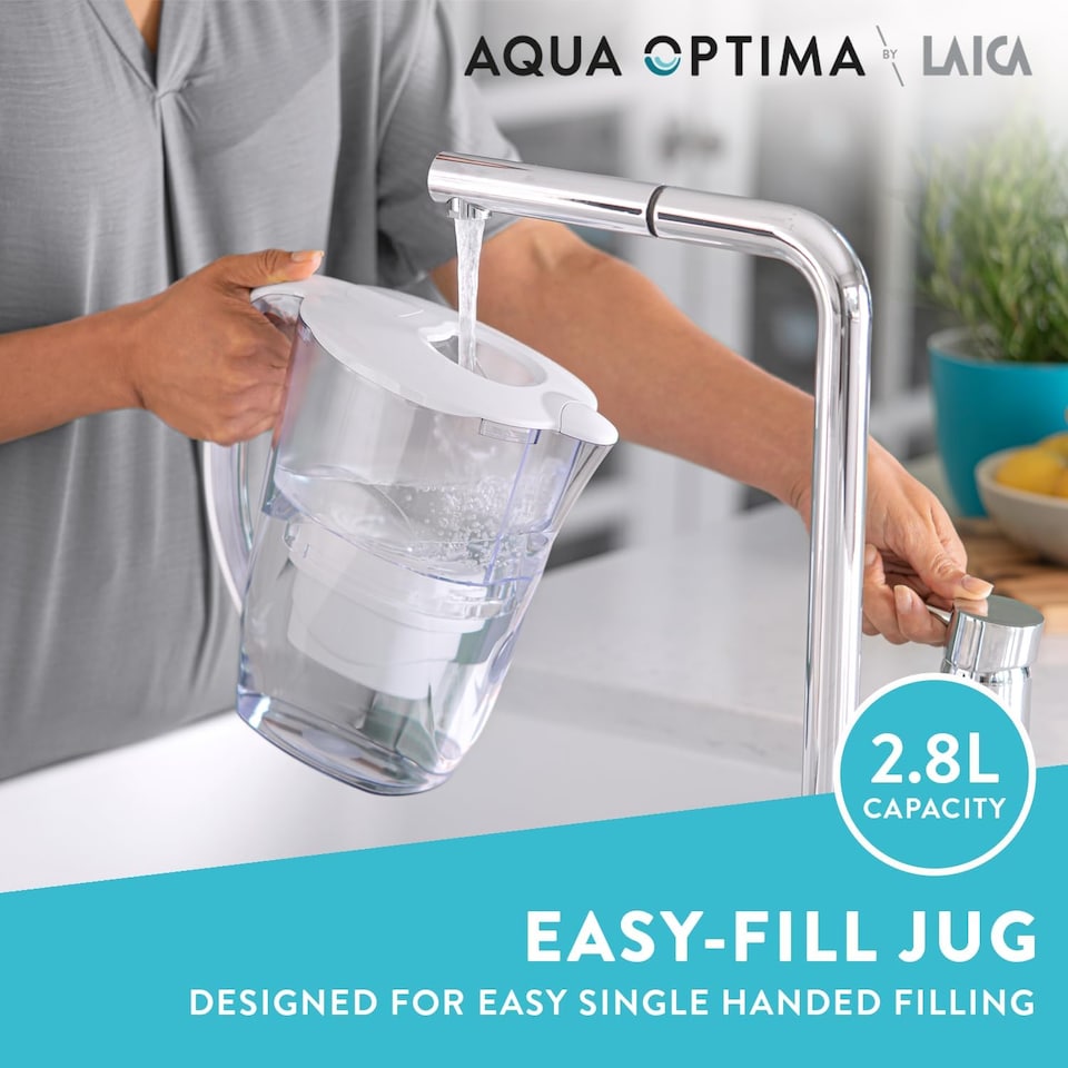 image 1 of Aqua Optima Oria Water Filter Jug & 9 Evolve Filter Cartridges, 2.8L, White - Fridge & Dishwasher Friendly - Reduces Limescale, Chlorine and Other Impurities - By Laica (Packaging May Vary)