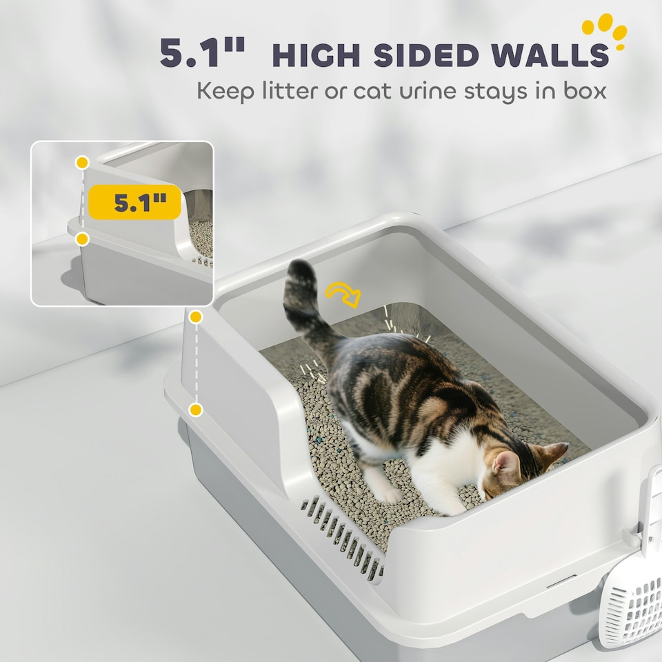 image 1 of PawHut Stainless Steel Litter Box, High Sided Metal Cat Litter Tray w/ Scoop Grey