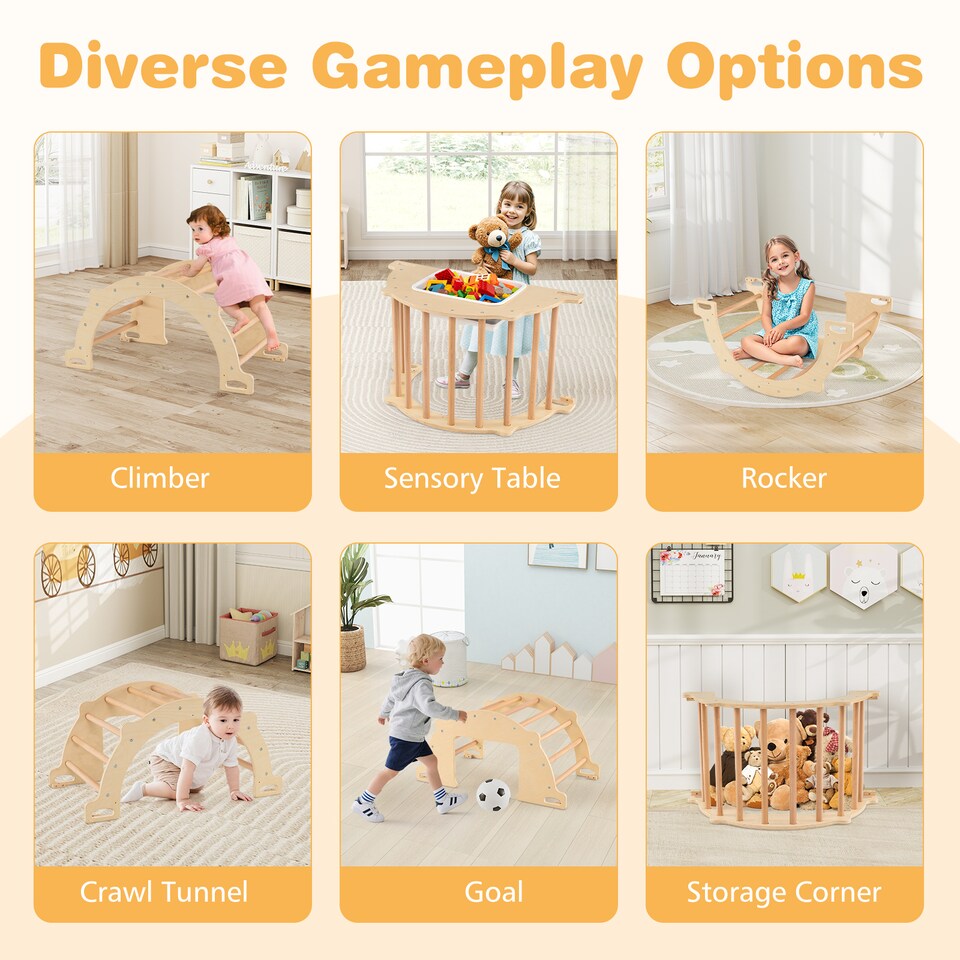 image 1 of COSTWAY Kids Montessori Wooden Climber Toy Climbing Arch Sensory Table-Natural