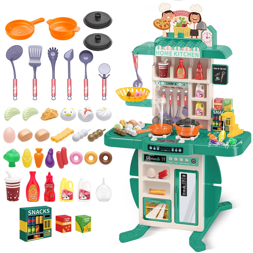 image 1 of Realistic Kitchen Play Set for Toddlers Steaming Spray Lights Cooking Sounds Pretend Role Play (Green)