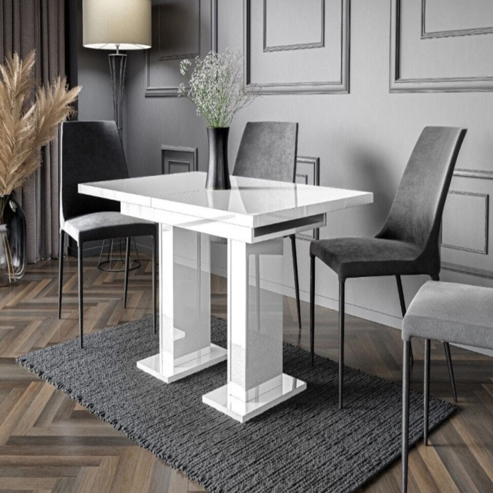 image 1 of Compact Dining Table Extendable 120-160cm White Gloss Extending Top Pillar Pedestal Leg 6-8 Seater - Gia Pro