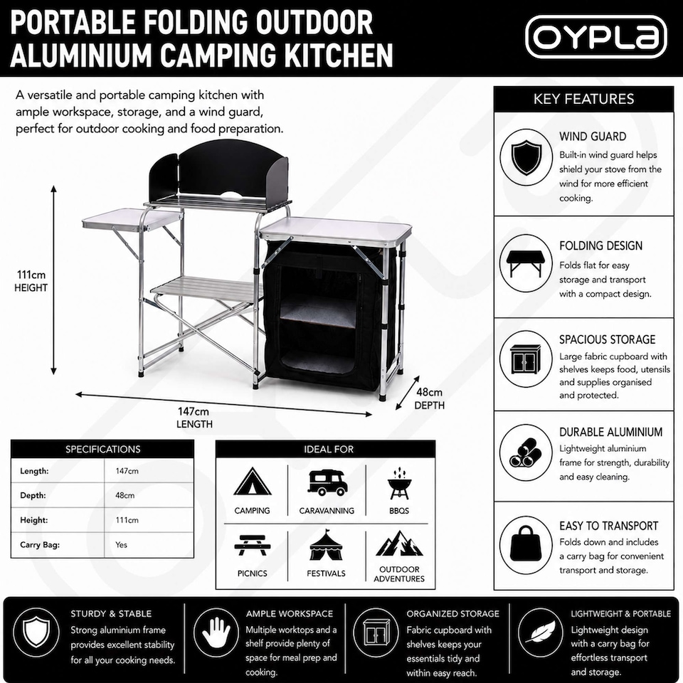 image 1 of Portable Folding Outdoor Aluminium Camping Travel Kitchen Work Top | Black