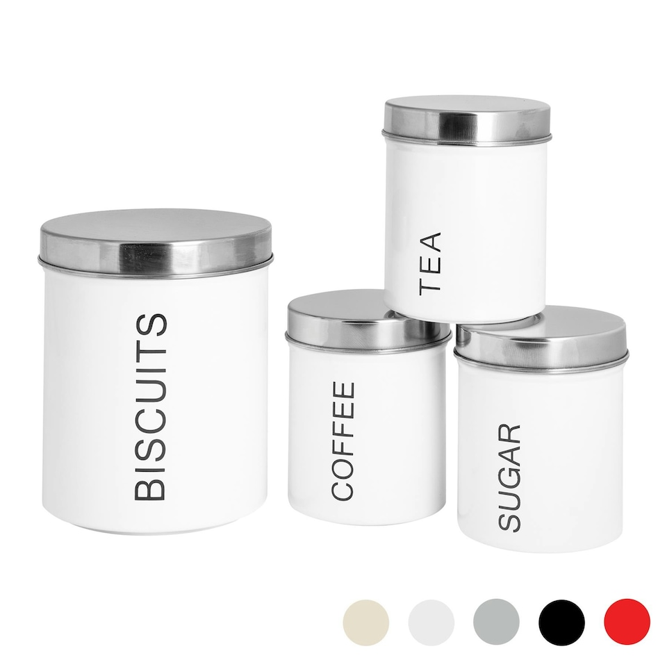 image 1 of Harbour Housewares 4 Piece White Round Metal Kitchen Canisters Set Utility Storage Utility Containers Storage Box Storage Container