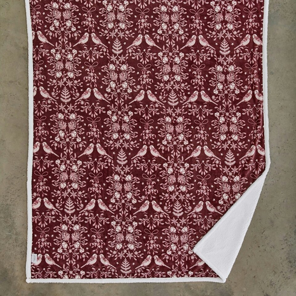 image 1 of Winter Birds Burgundy Seasonal Flannel Throw with Sherpa Lining – 140x180cm Red | Burgundy