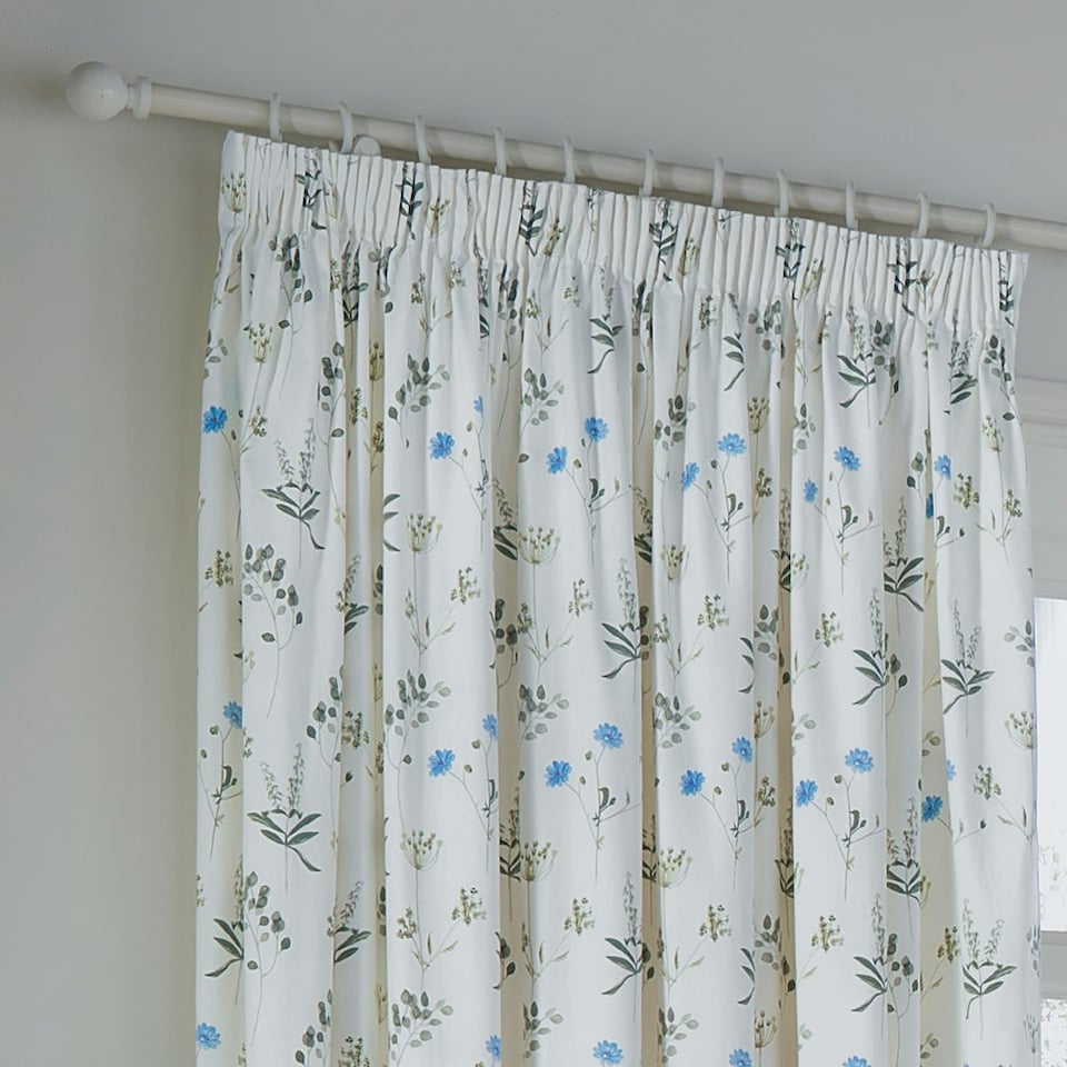 image 1 of Wylder Meadow Room Darkening 100% Cotton White/Cornflower Pencil Pleat Curtains 168 x 137cm White | Cornflower White
