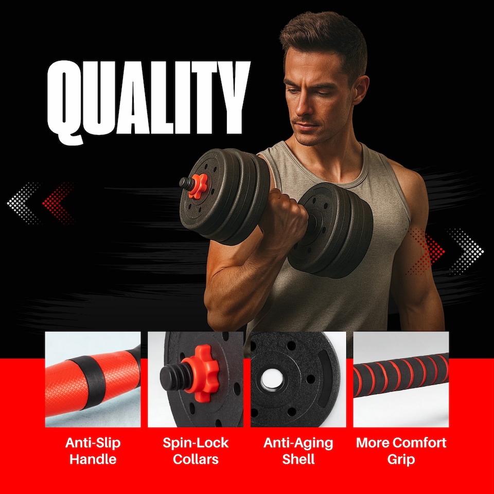 image 1 of Straame 20KG Adjustable Dumbbell & Barbell Weight Set with Foam-Padded Connector. Free Weights for Home Gym, Strength Training, Non-Slip TPR Grips, PE Shell Plates, Compact Storage