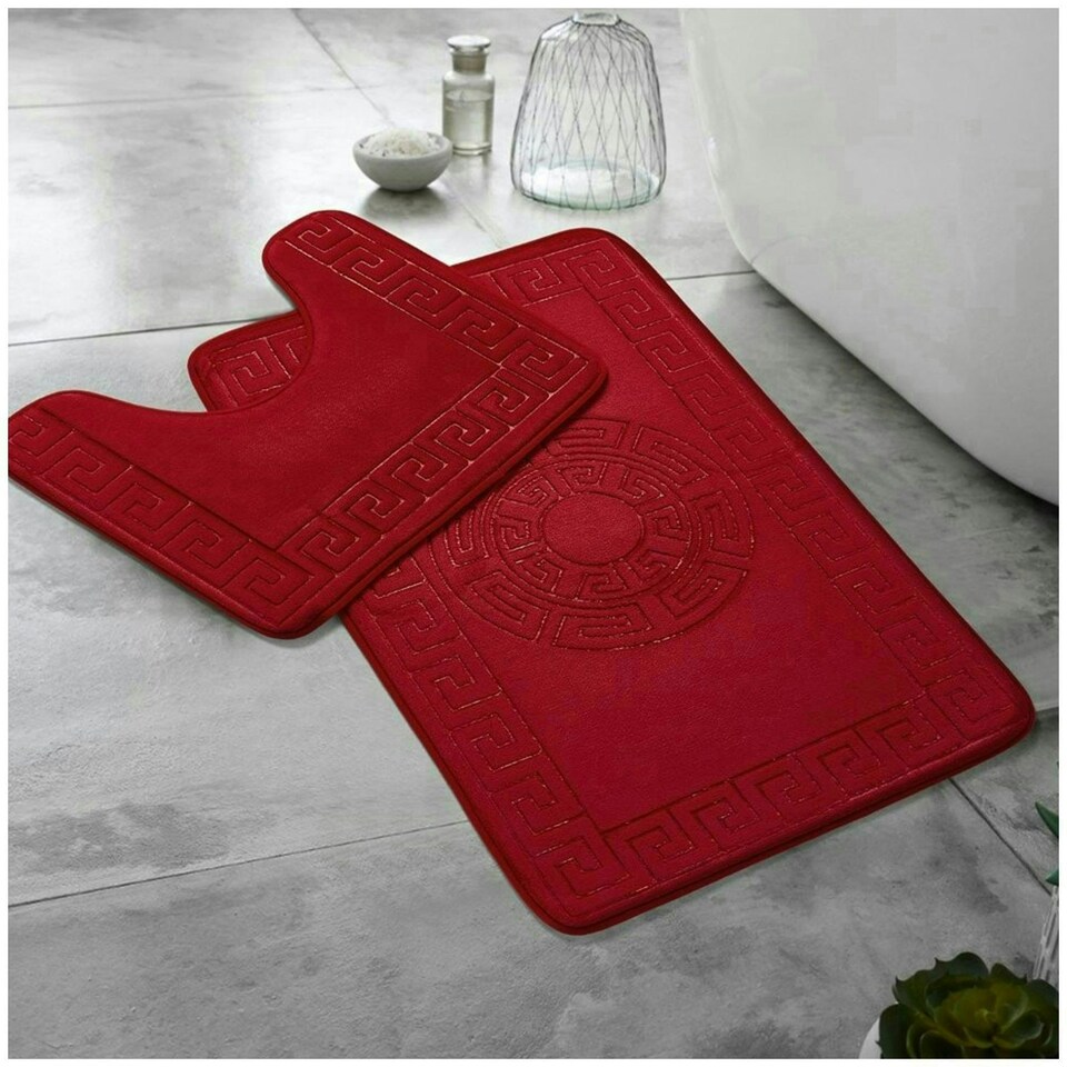image 1 of VELVETIO Bath Mat Set Greek Pattern Anti Slip Memory Foam Toilet Rug Red