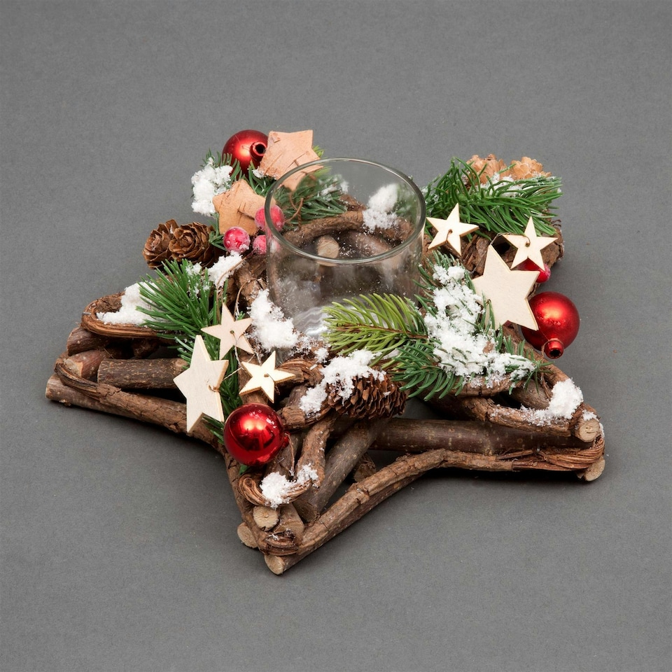 image 1 of Star Shape Wooden Candle Holder Tabletop Centrepiece Christmas Decorated with Red/Silver Baubles, Berries and Cones