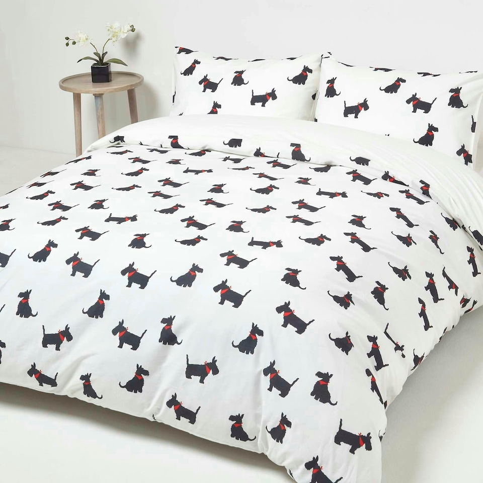 image 1 of Homescapes Scottie Dog Digitally Printed Cotton Duvet Cover Set - Super King | White | Super King