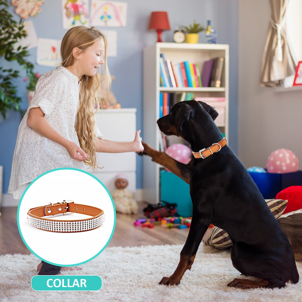 image 1 of Trimming Shop Diamante Dog Collar, PU Leather Pet Collar, Dog Belt