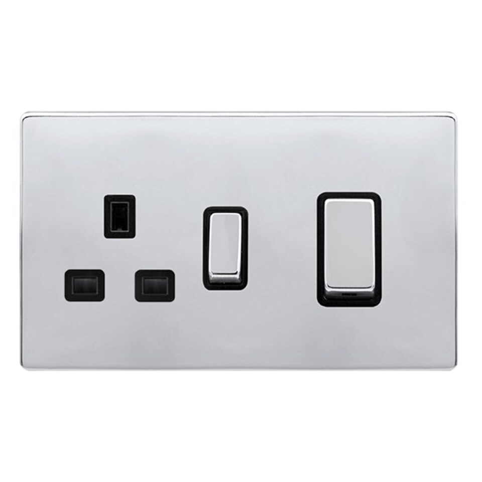 SE HOME Polished Chrome Screwless Plate Cooker Control Ingot 45A With 13A Switched Plug Socket - Black Trim - SE Home Black | Polished