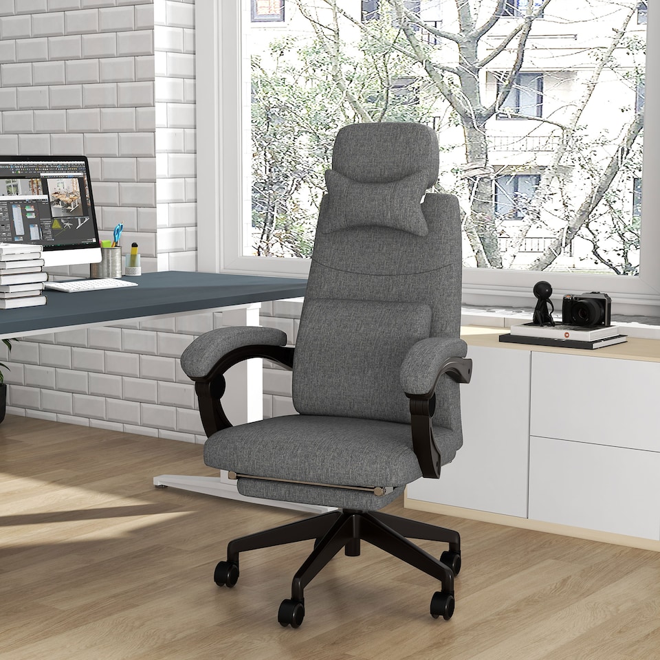 image 1 of Vinsetto Office Chair, Ergonomic Desk Chair, High Back Fabric Work Chair with 160 Reclining Backrest, Retractable Footrest, Neck and Lumbar Pillow for Home and Study, Dark Grey