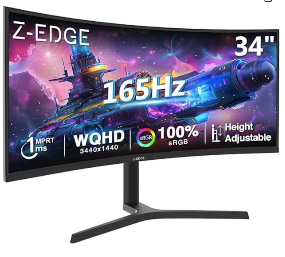 image 1 of Z-Edge 34 Inch Ultrawide Curved Gaming Monitor 165Hz 3440x1440 VA 1500R | 21:9 PC Monitor UWQHD, 1ms MPRT, Adjustable Stand, 100% sRGB, FreeSync, DisplayPort (165Hz) HDMI (100Hz), PIP & PBP, Black