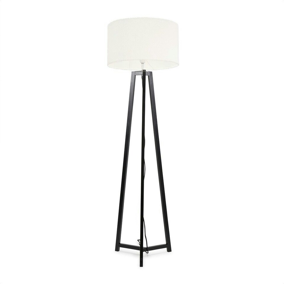 image 1 of ValueLights Lottie Black Wood Tripod Floor Lamp with Cream Boucle Drum Shade and LED Bulb