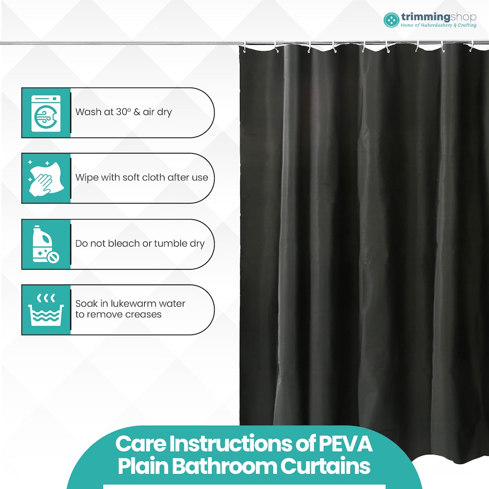 image 1 of PEVA Plain Mould & Mildew Resistant Shower Curtain with 12 Hooks - 180x180cm