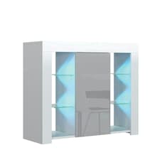 Sideboard 97.5cm Grey Gloss Door White Matt Body Glass Shelves Free LED | White | Grey