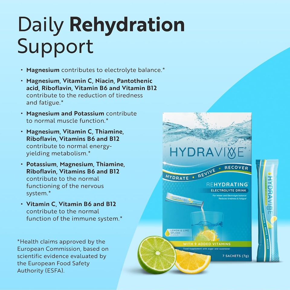 image 1 of Hydravive Rehydration Electrolytes Powder - High Strength Vitamin C & 8 B Vitamins: B1, B3, B5, B12 Supplement Sachet Drink - 7 Pack Lemon/Lime