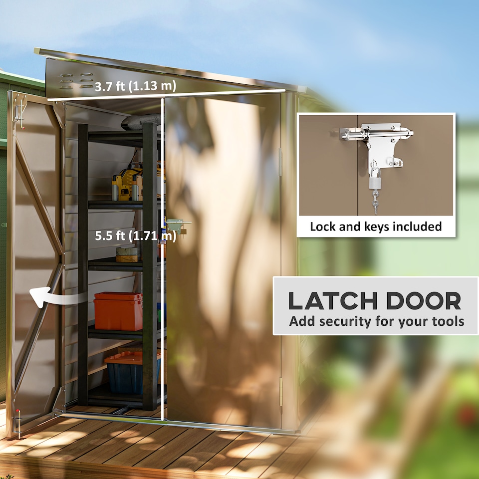 image 1 of Outsunny 5 x 9ft Galvanised Metal Garden Shed with Foundation Kit, Outdoor Leanto Shed, Tool Storage House with Lockable Doors, Gloves and 2 Air Vents for Patio, Garden, Brown | Brown | 143W x 270D x 202H cm