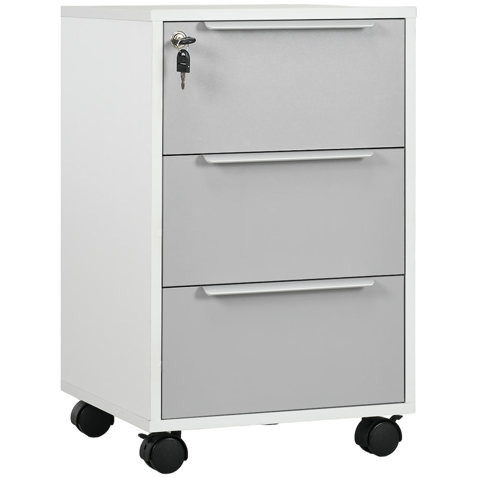 image 1 of HOMCOM 3-Drawer Lockable Filing Cabinet, File Cabinet on Wheels, Mobile Office Storage Drawers for Home Office, Bedroom and Living Room, White and Grey | White | White and Grey