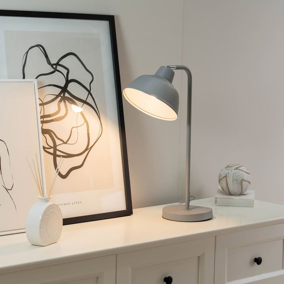 image 1 of ValueLights Morris Stone Grey Retro Dome Metal Desk Office Table Lamp Light and Bulb