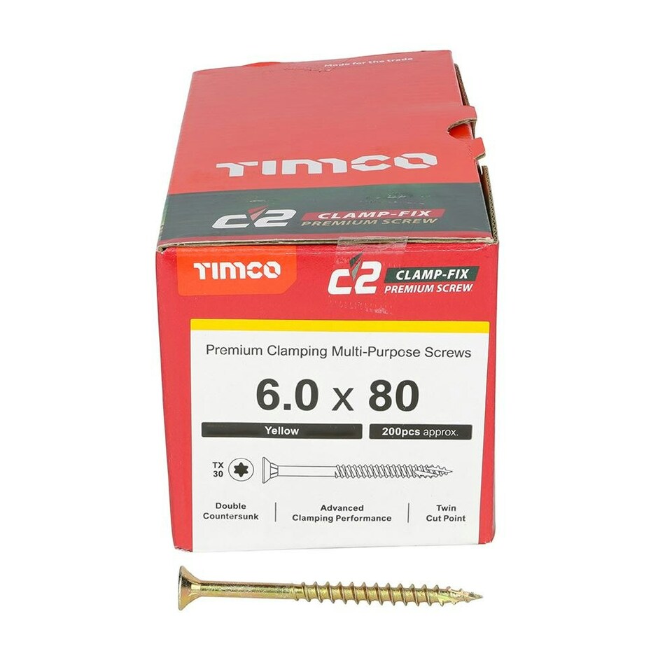 image 1 of Timco - C2 Clamp-Fix Multi-Purpose Premium Screws - TX - Double Countersunk - Yellow (Size 6.0 x 80 - 200 Pieces)
