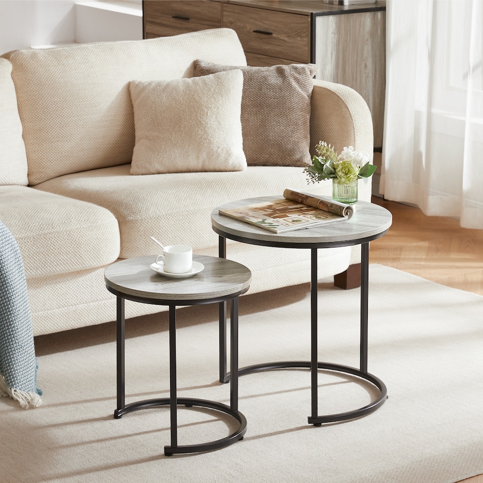 image 1 of Vida Designs Brooklyn Round Nest of Tables 2 Piece Set Nesting Sofa Bedside Side Table, Grey