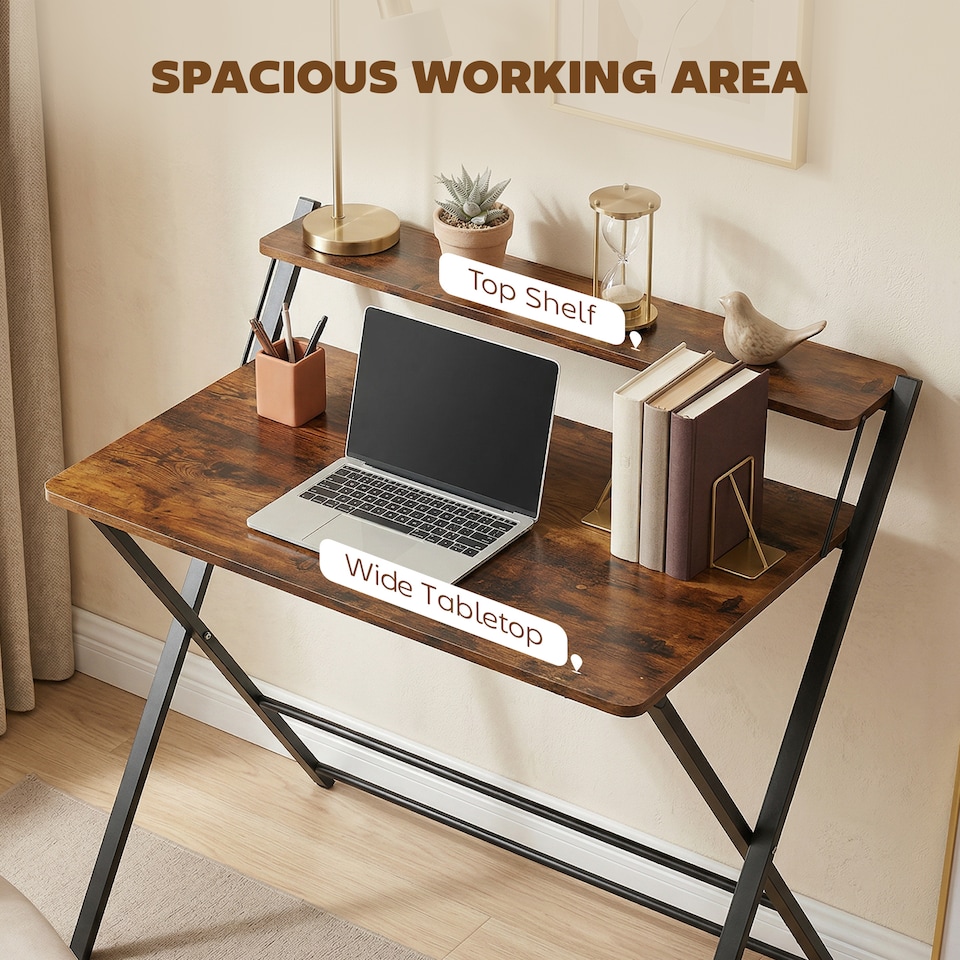 image 1 of HOMCOM Folding Desk with 2-Tier Shelf for Home Office | Black