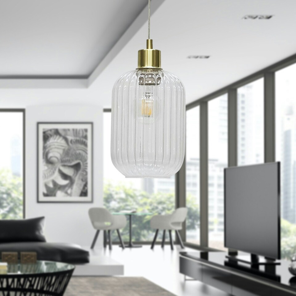 image 1 of First Choice Lighting Set of 2 Batley Clear Ribbed Glass with Satin Brass Pendant Fittings Bronze | Clear