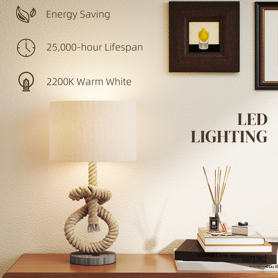 image 1 of HOMCOM Nautical Table Lamp with USB Charging Port, Bedside Lamp for Bedroom Living Room, Warm White LED Bulb Included, with Hemp Rope, Natural