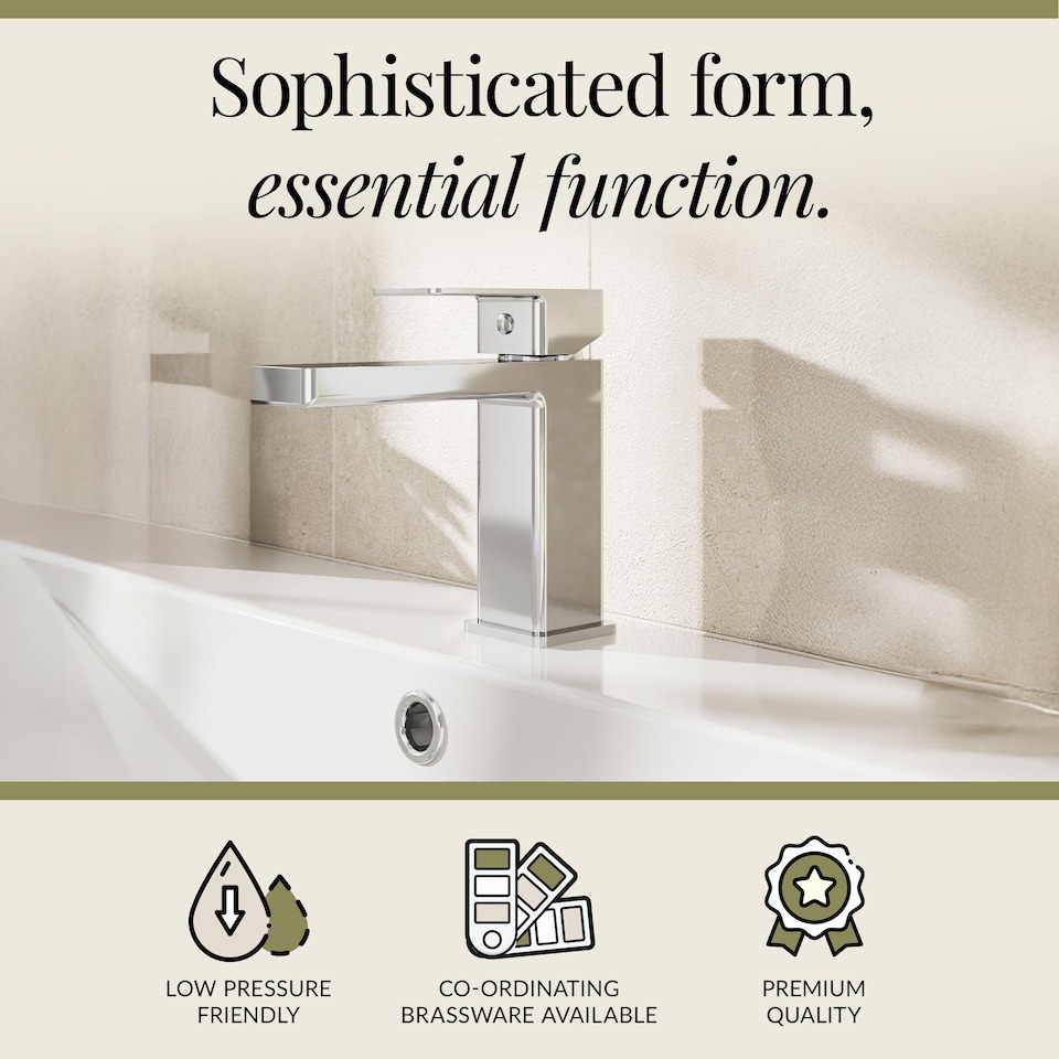 image 1 of Balterley Square Mono Basin Mixer Bathroom Sink Tap with Push Button Waste, Dual Lever Control | Silver | Chrome | 1
