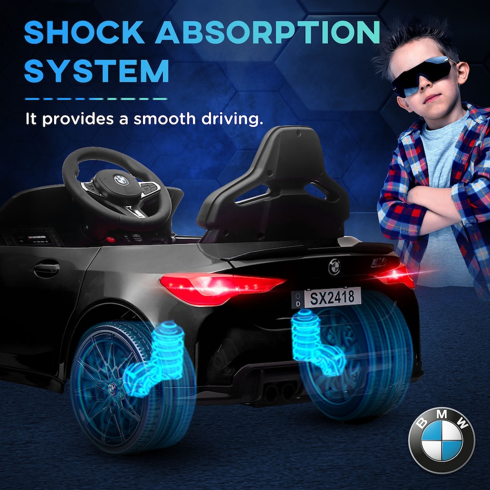 image 1 of AIYAPLAY BMW M4 Licensed Electric Car for Kids, 12V Kids Electric Ride on with Remote Control, Suspension, Music, Horn, LED Lights, for Ages 3-5 Years, Black