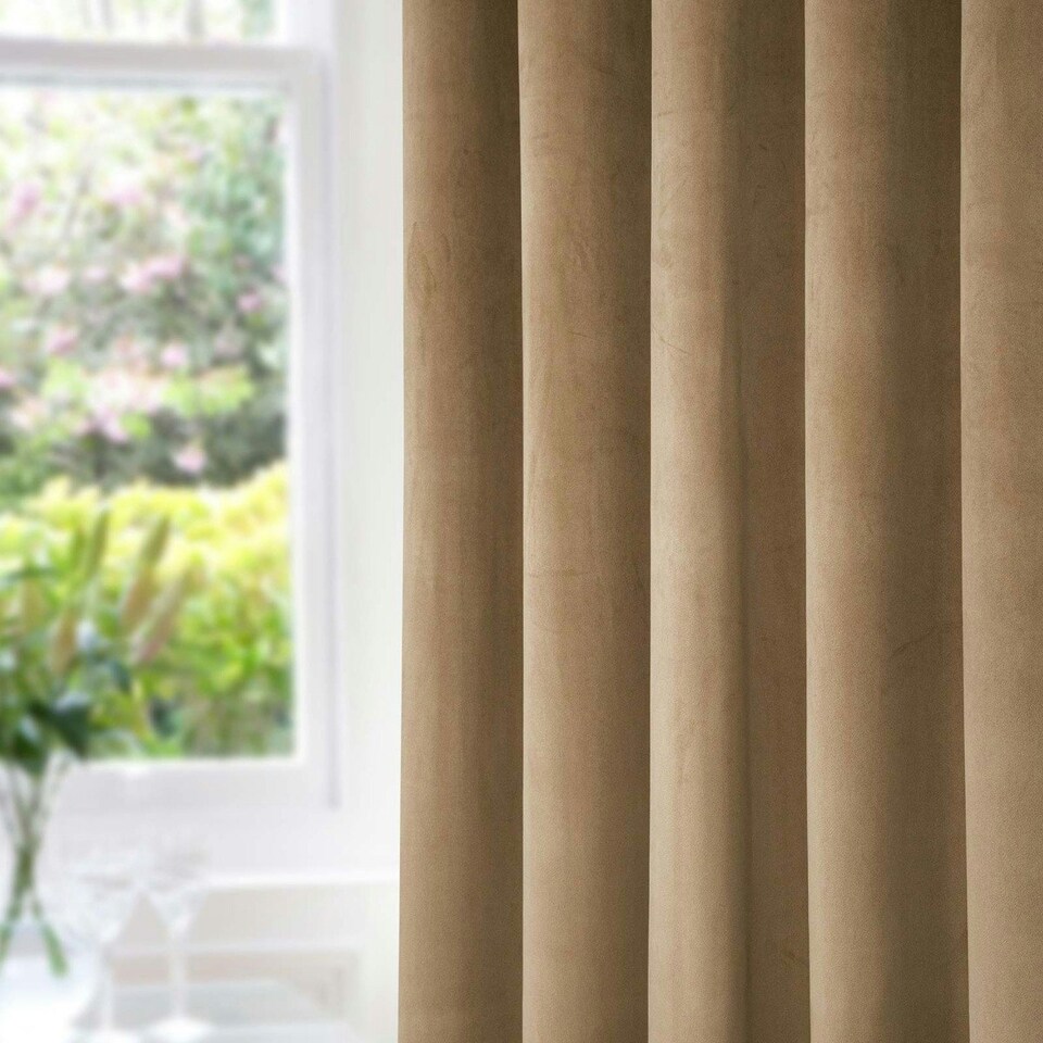 image 1 of Homescapes Thermal 100% Blackout Beige Velvet Curtains - 66 x 54" Cream