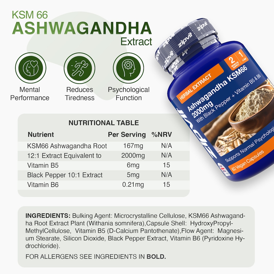 image 1 of Zipvit Ashwagandha KSM-66 Complex 2000mg with Vitamin B6, B5 & Black Pepper, Energy & Mental Performance, 60 Vegan Capsules, 2-Month Supply