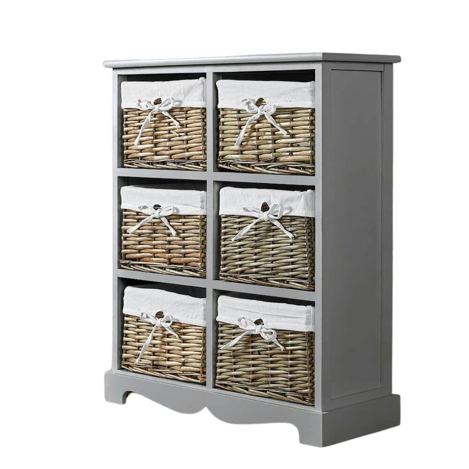 image 1 of Chest Of Drawers Hallway Storage Organiser Wooden Wicker Baskets Fully Assembled Grey | 6 Drawers