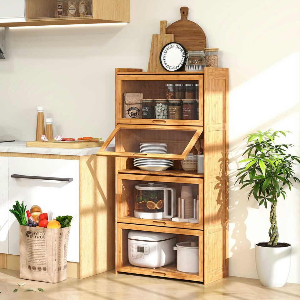 image 1 of COSTWAY 4-Tier Bookcase Bamboo Bookshelf with Doors Natural Brown