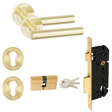 Golden Grace Straight T-Bar Design Euro Door Handles Set in Satin Brass Euro - 70mm Key Lock Grey