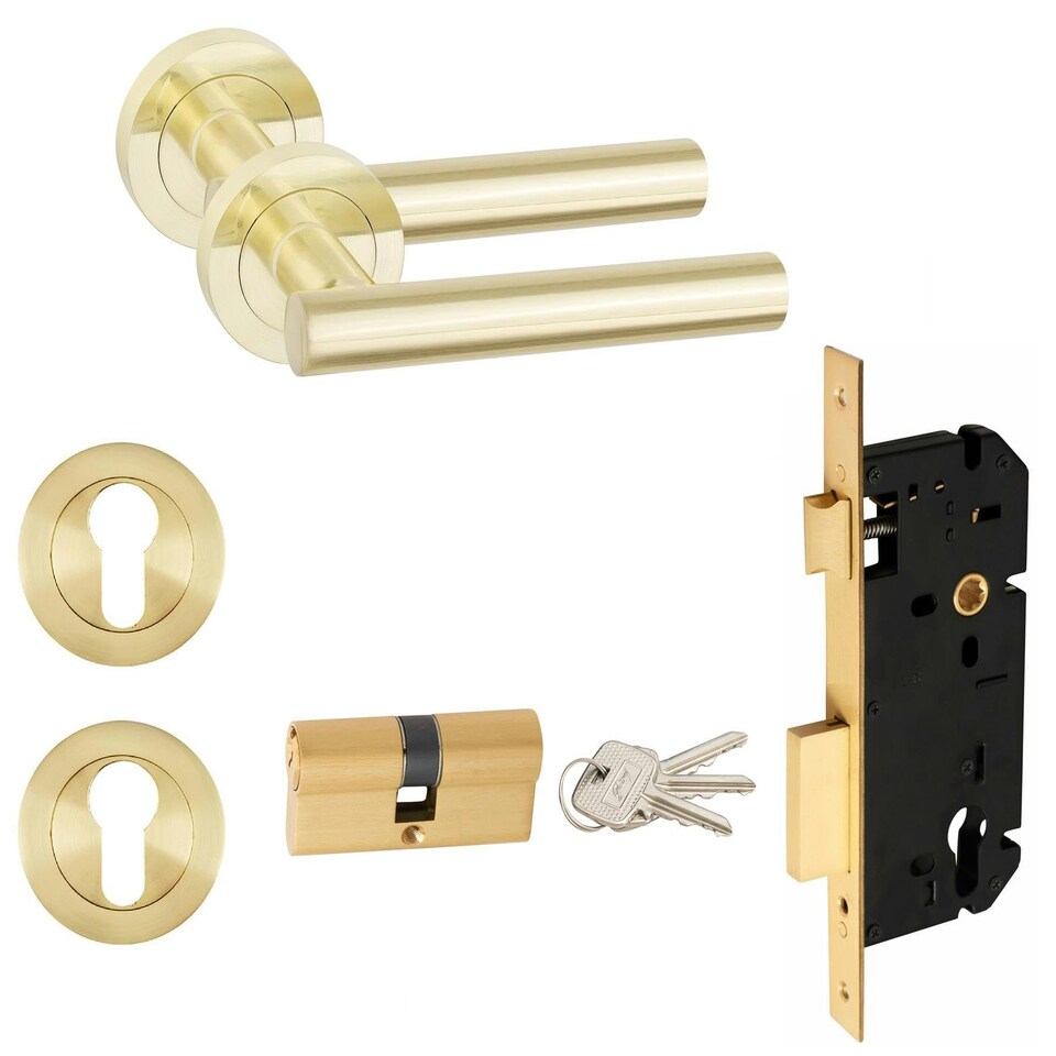 image 1 of Golden Grace Straight T-Bar Design Euro Door Handles Set in Satin Brass Euro - 70mm Key Lock Grey
