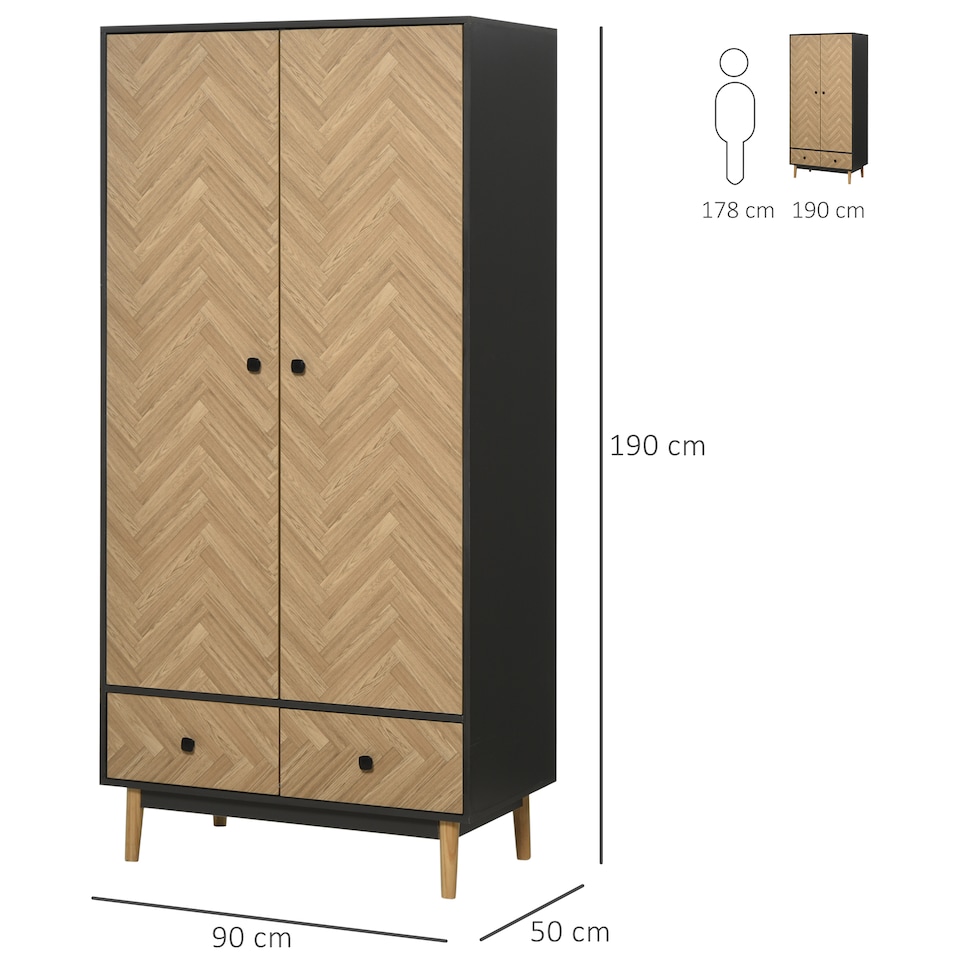 image 1 of HOMCOM Modern Wardrobe Cabinet Wood Grain Sticker Surface with Shelf, Hanging Rod and 2 Drawers 90x50x190cm