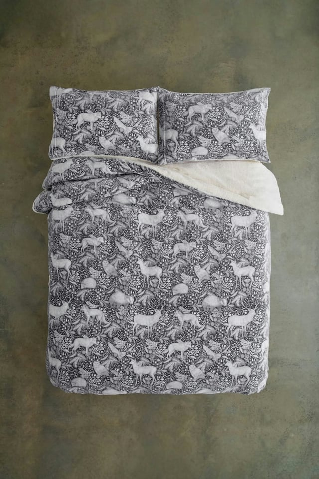 image 1 of Woodland Folk Animal Duvet Cover Set – Soft Fleece with Cosy Sherpa Reverse | Grey | King