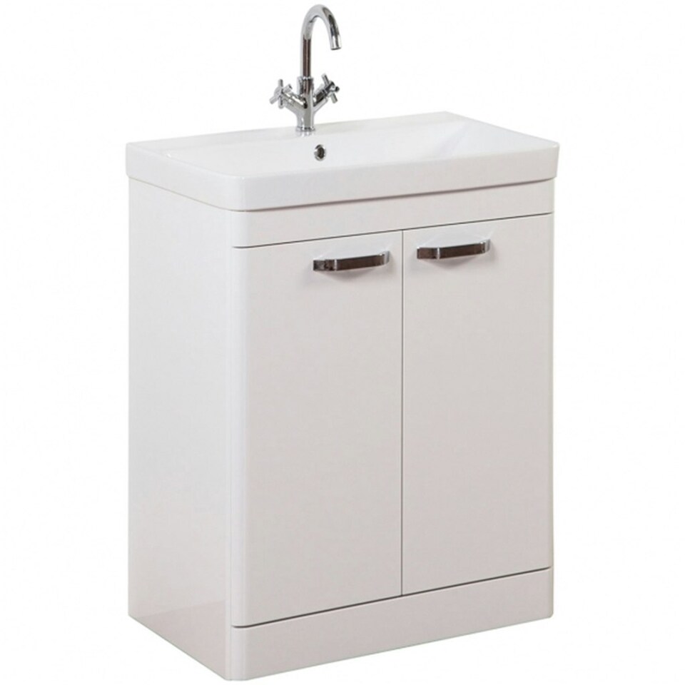 image 1 of Bathroom 2-Door Floor Standing Vanity Unit with Basin 600mm Wide White 1 Tap Hole - White Gloss - Brassware Not Included | White | White | 1