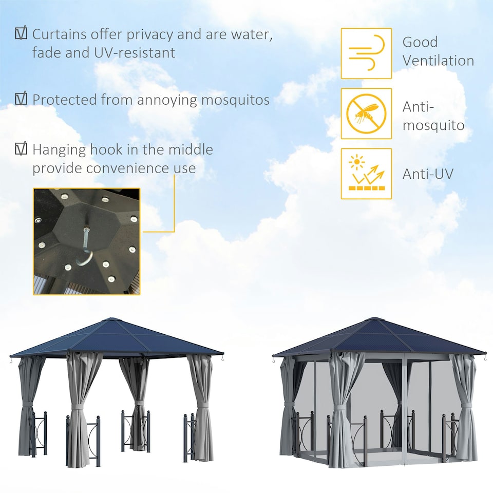 image 1 of Outsunny 3x3(m) Hardtop Gazebo with Polycarbonate Roof, Netting and Curtains