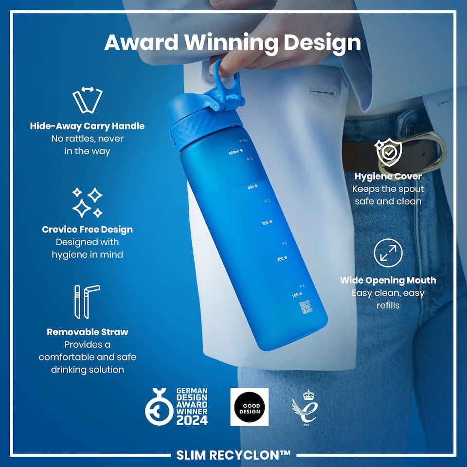 image 1 of Leak Proof Slim Water Bottle, BPA Free, 500ml (18oz) | Blue | Blue With Straw | One Size