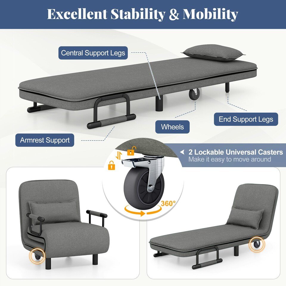 image 1 of COSTWAY 3-in-1 Convertible Sofa Bed Sleeper Chair Dark Grey Grey