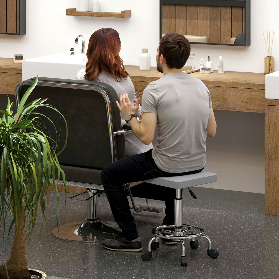 image 1 of HOMCOM PU Leather Rolling Stool, Height Adjustable Salon Chair, Grey Grey | Grey