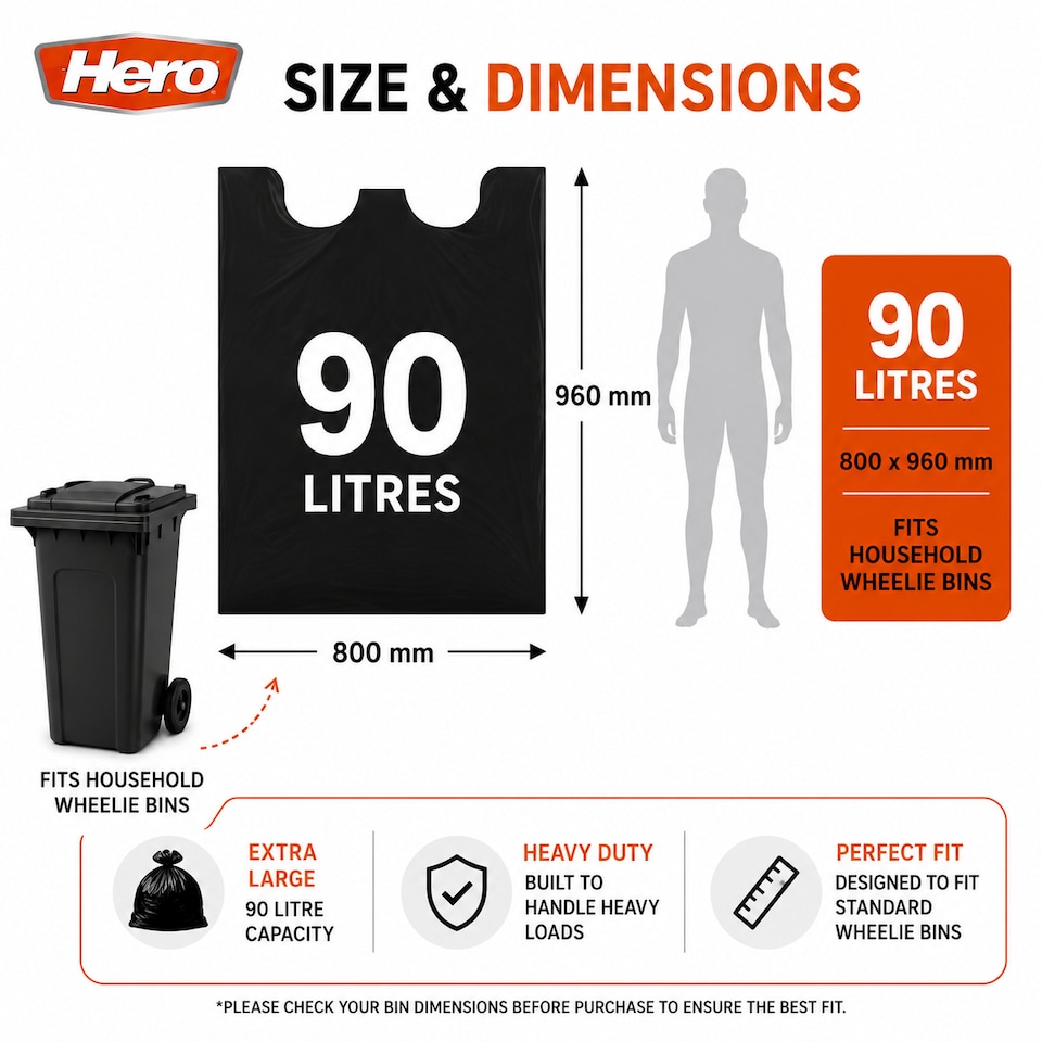 image 1 of Hero 90L Extra Heavy Duty Black Bin Bags – Strong Refuse Sacks | 12 Bags per Roll for Household, Garden & Commercial Use